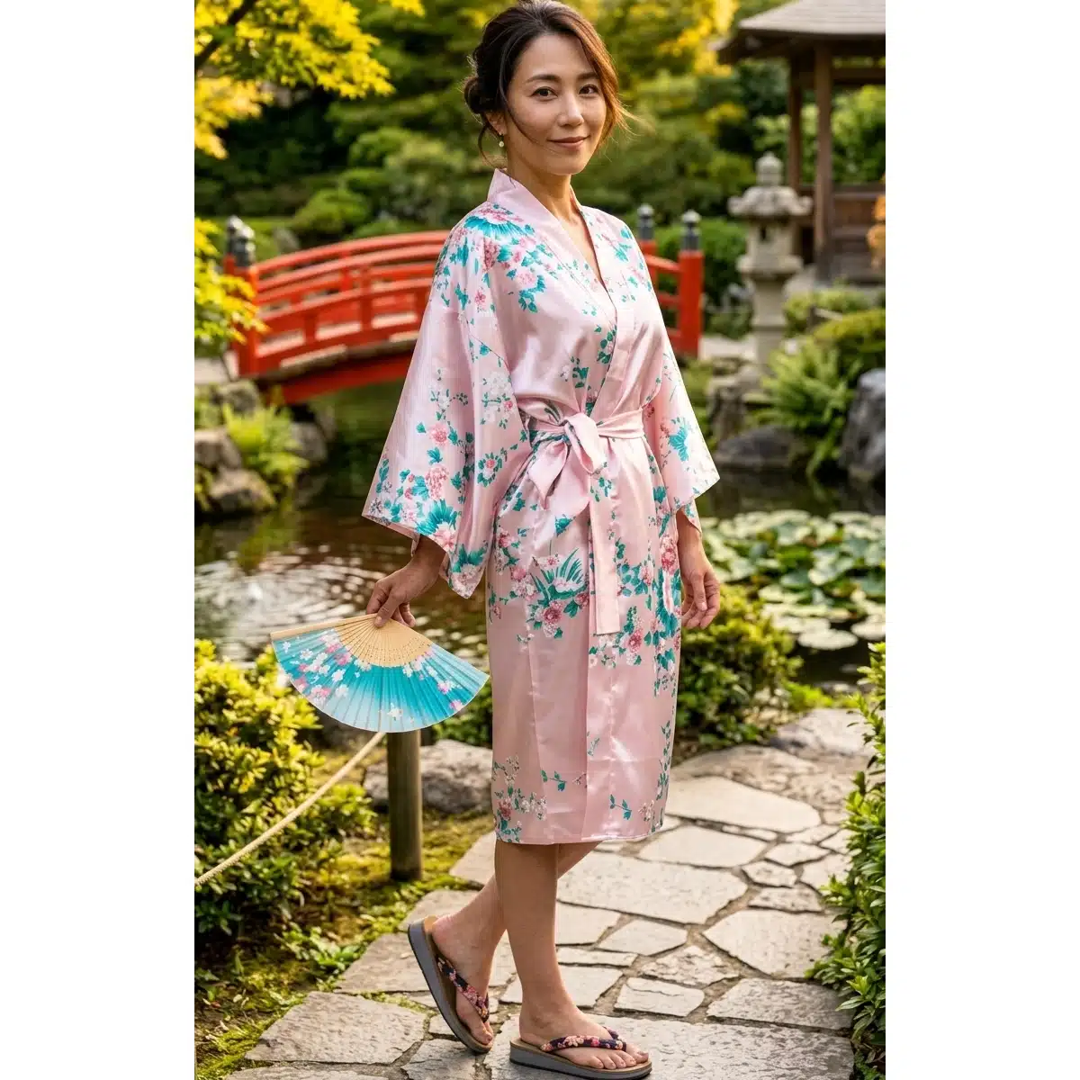 Kimono Japonais Court Femme Rose Éclosion Botan