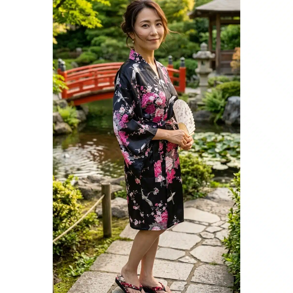 Kimono Japonais Court Femme Vol de Grue et Floraison Hivernale