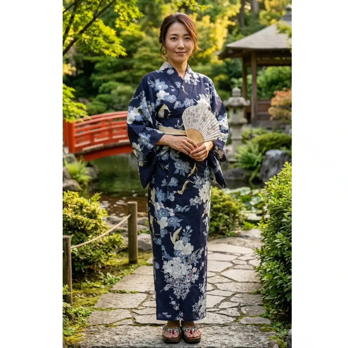 Kimono Yukata en Coton Traditionnel de Kyoto Bleu Nuit Botan & Geisha
