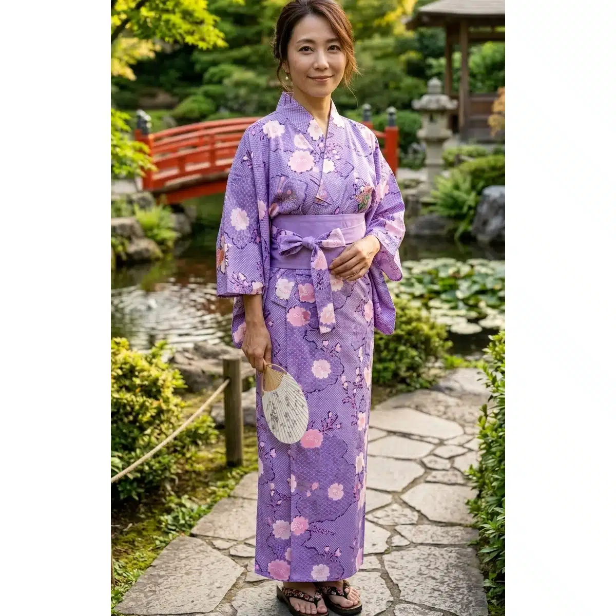 Kimono Yukata Japonais Long Femme Violet Nuages & Cerisiers