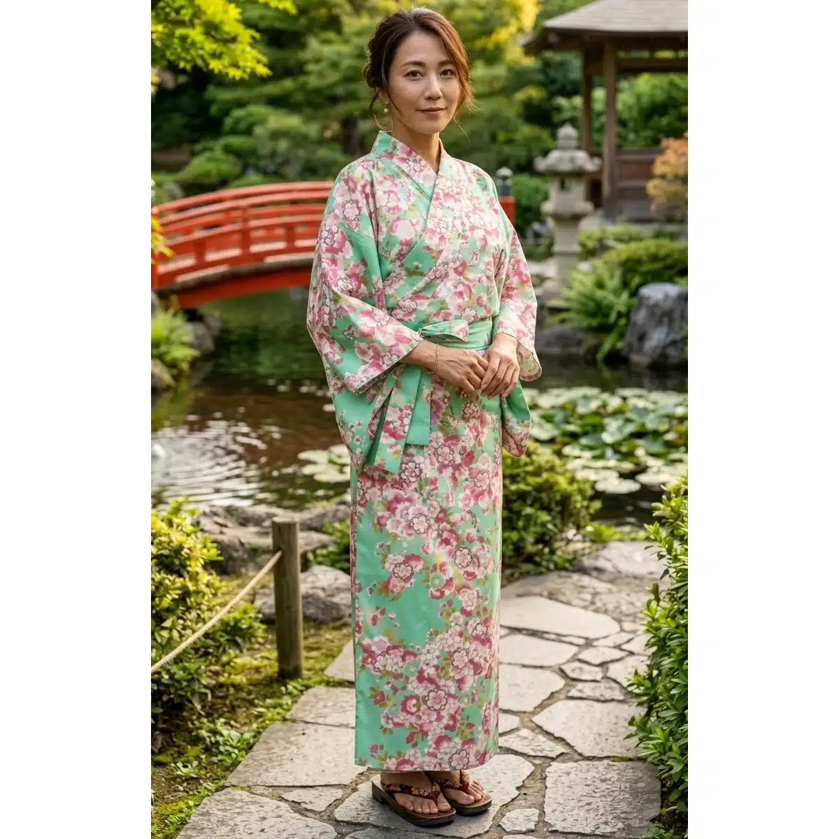 Kimono Yukata d'Été Vert aux Fleurs de Cerisier Sakura
