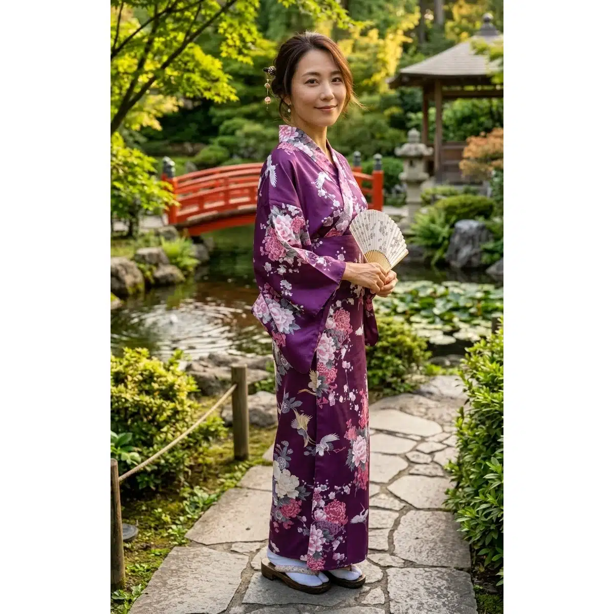 Kimono Yukata d'Intérieur Violet aux Pivoines et Grues de Kyoto