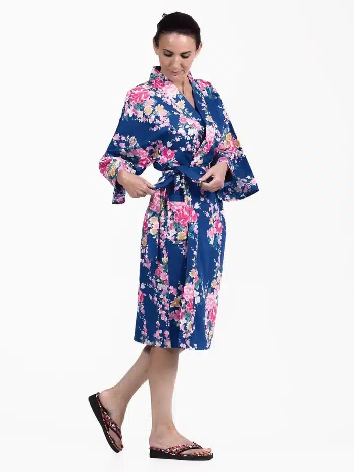 Kimono Japonais court bleu Femme face