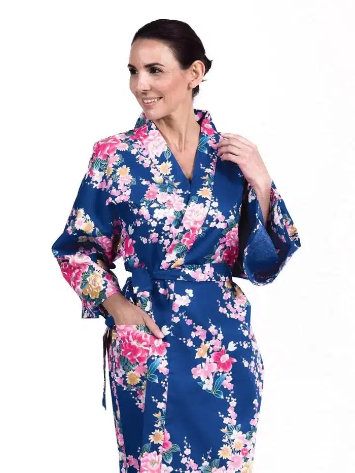 Kimono Japonais court bleu Femme focus