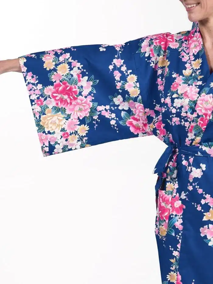 Kimono Japonais court bleu Femme manche