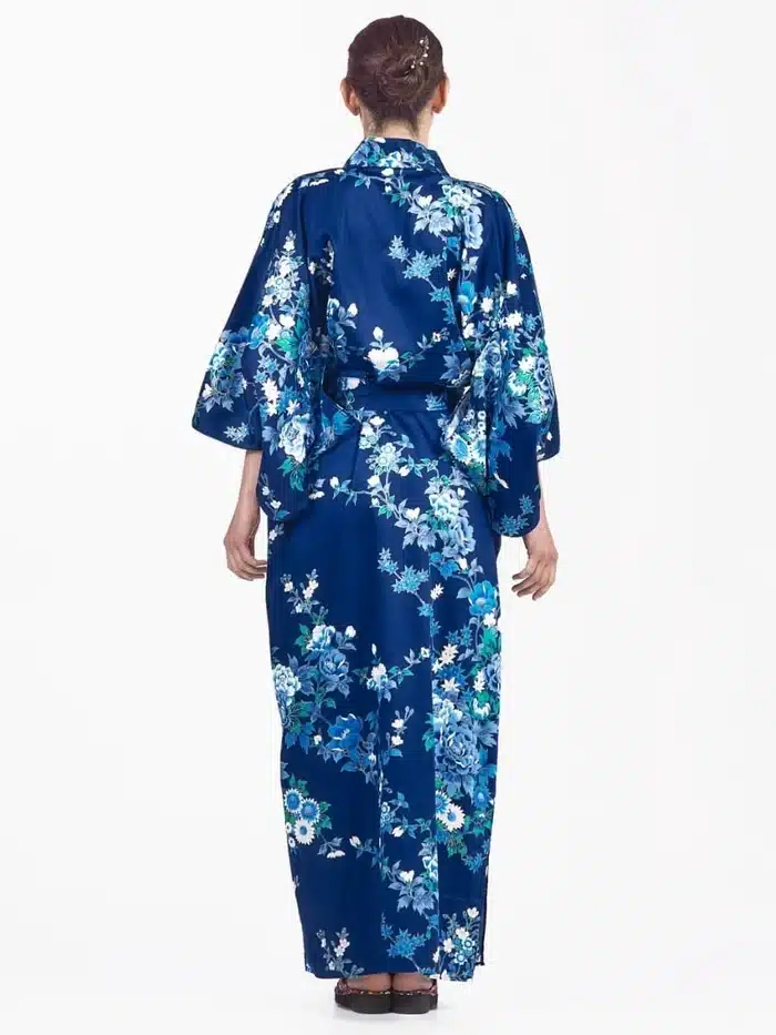 kimono japonais traditionnel femme long bleu dos
