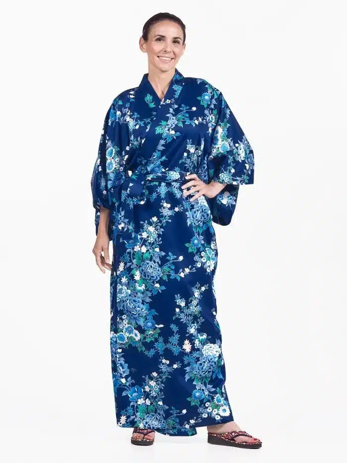 kimono japonais traditionnel femme long bleu