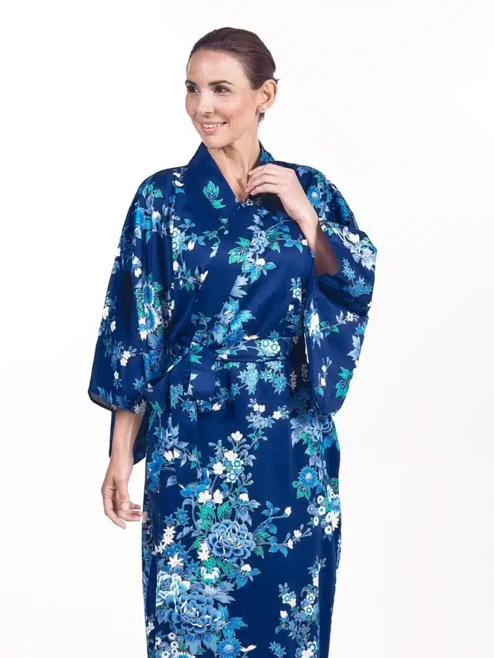 kimono japonais traditionnel femme long bleu focus