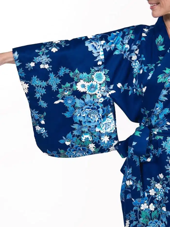 kimono japonais traditionnel femme long bleu manche