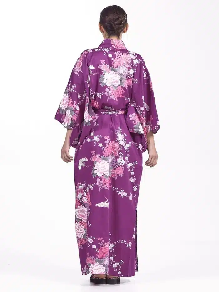 Kimono Japonais Long Femme Violet Pivoine dos