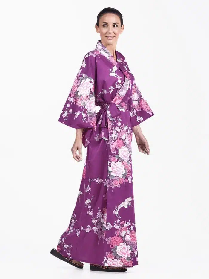 Kimono Japonais Long Femme Violet Pivoine face