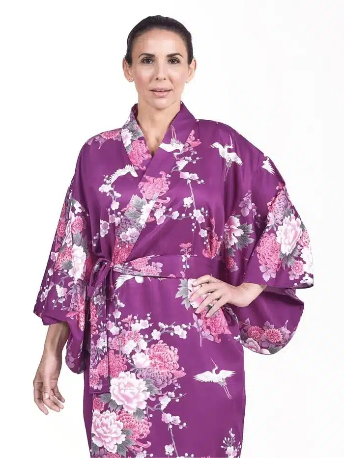 Kimono Japonais Long Femme Violet Pivoine focus