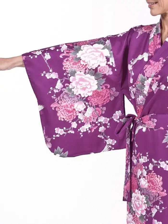 Kimono Japonais Long Femme Violet Pivoine manche