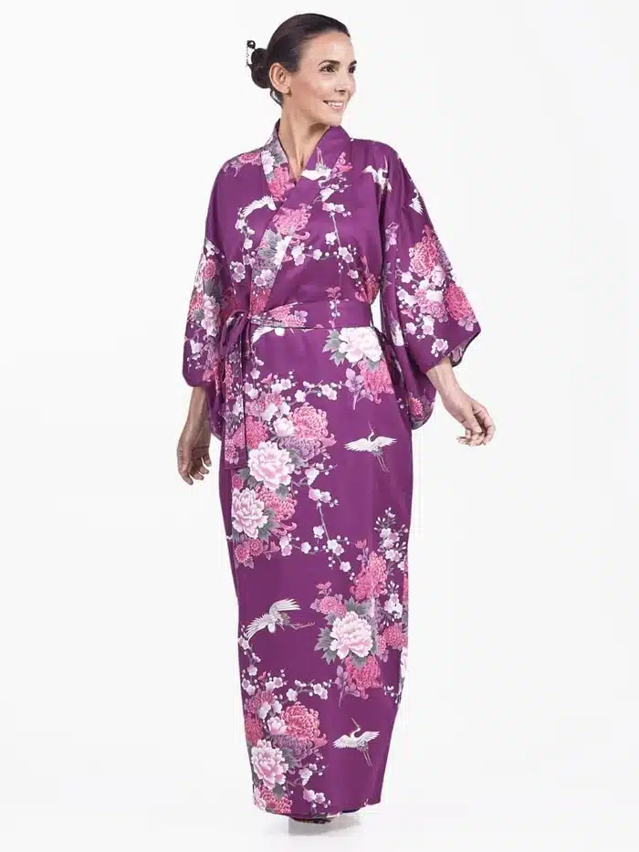 Kimono Japonais Long Femme Violet Pivoine