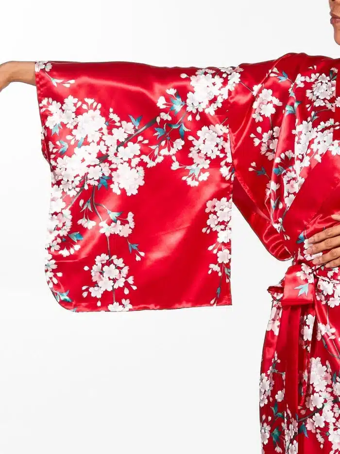 Kimono Japonais Femme rouge fleurs sakura manche