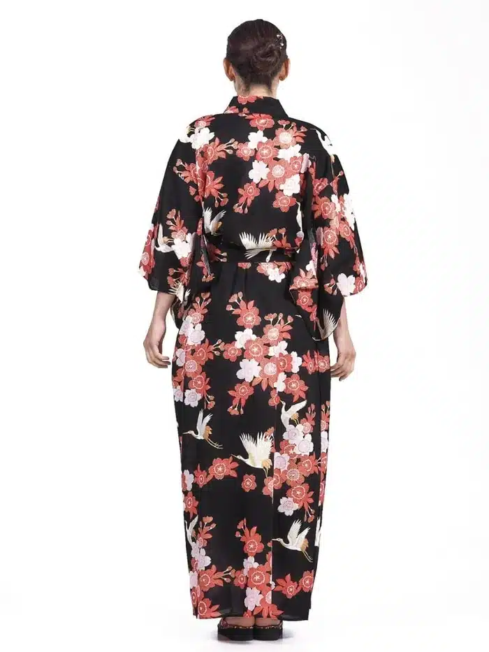 kimono japonais long femme noir dos