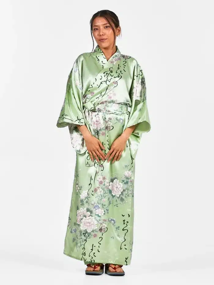 kimono japonais femme satin vert face