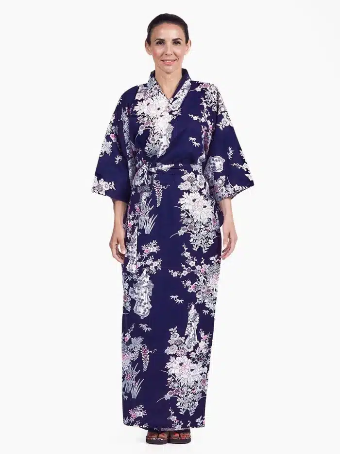 Kimono Yukata en Coton Traditionnel de Kyoto Bleu Nuit Botan & Geisha – Image 2