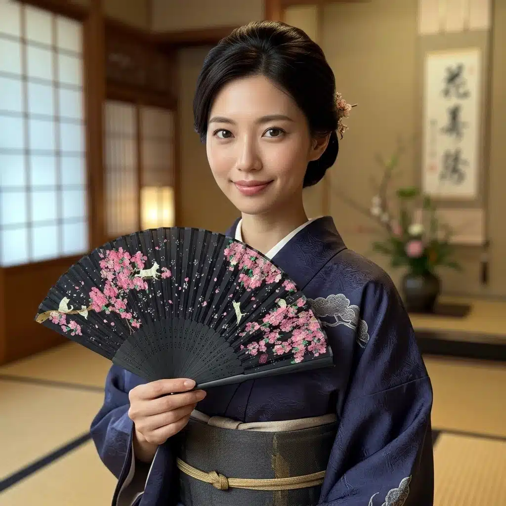 Éventail Japonais Noir fleurs de cerisier