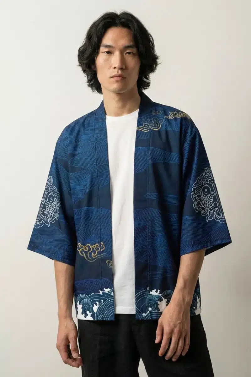 veste haori japonaise Tsuru bleu marine