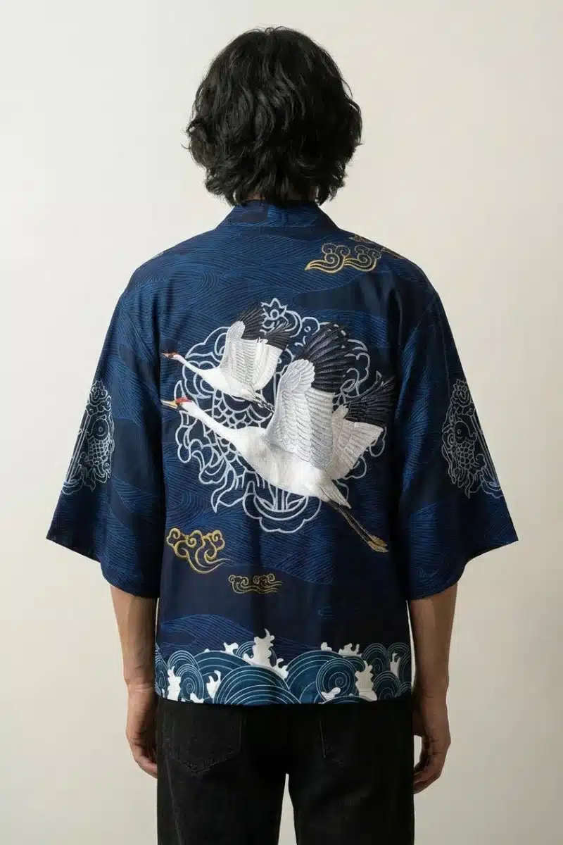 haori japonais streetwear bleu marine à motif de grues dos